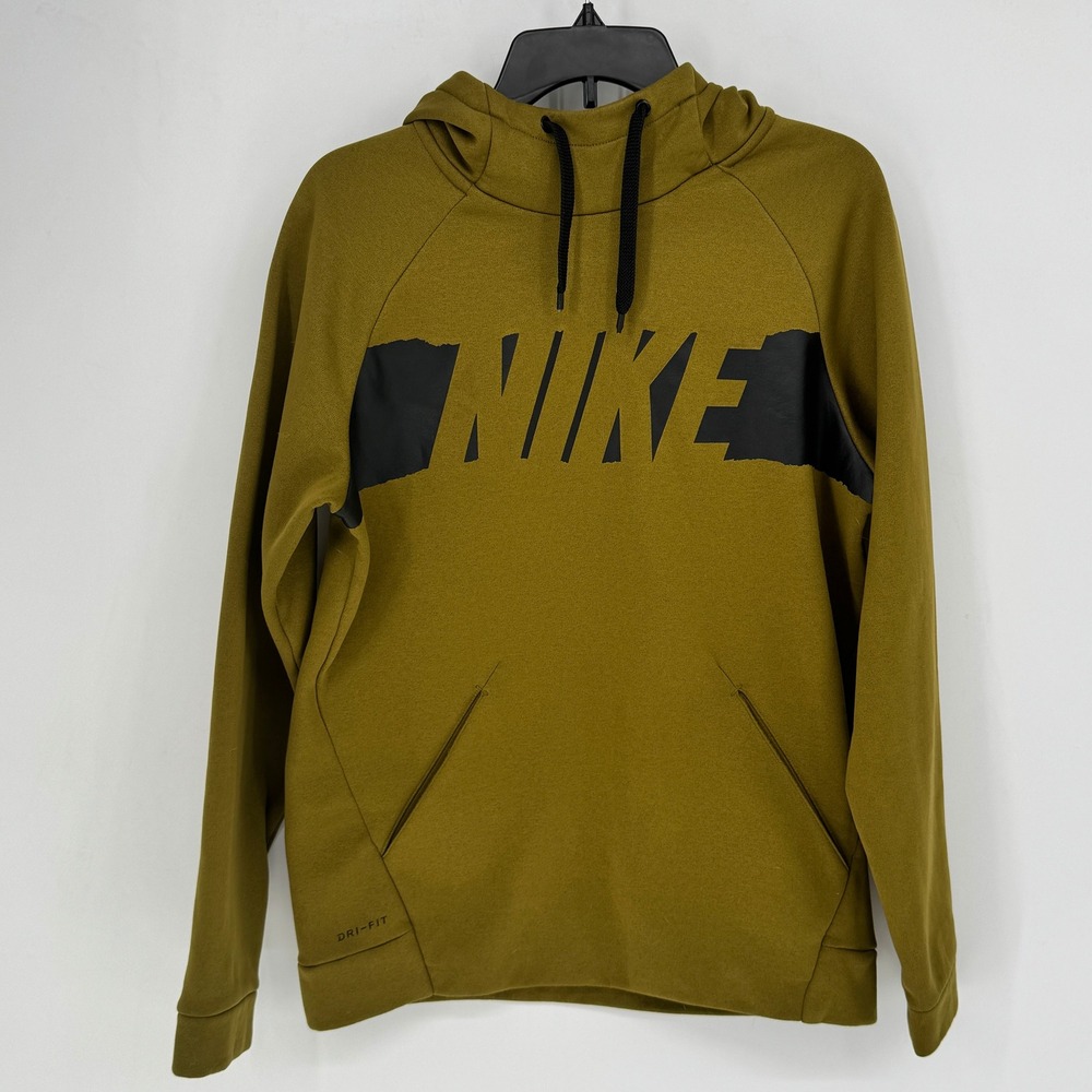 Nike Dri Fit Mens Hoodie Pullover Green Black Logo Size Small Pockets Warm
